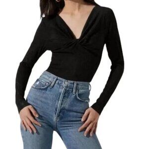 ASTR the Label Reese Metallic Twist Front Bodysuit in Black Metallic Size S
